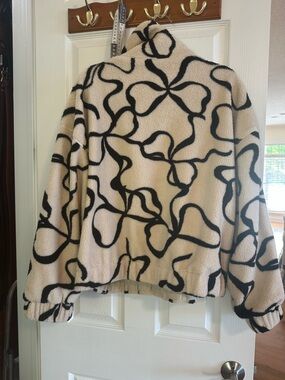 Women's Cream Sherpa Jacket with Black Abstract Pattern